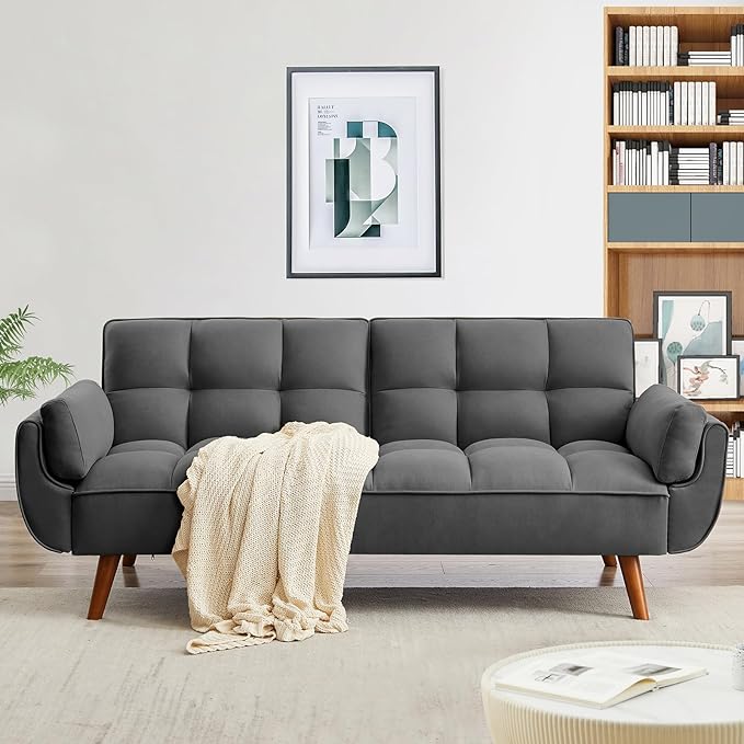 Convertible Futon Sofa Bed, Linen Sleeper Couch, 75" W Modern 3 Seater Tufted Sofa with Solid Wood Legs and Adjustable Backrests for Small Spaces, Living Room, Bedroom, Dark Gray