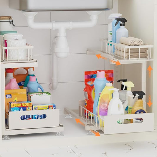 2 Pack Under Sink Organizer, Heavy Duty Metal Slide Out Sink Shelf Organizer Height Adjustable, Multi-Purpose Storage Shelf for Kitchen Bathroom (Sand,2Pack)