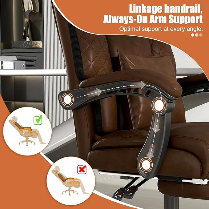 Ergonomic Office Chair with Footrest, 400lbs High Back Executive Home Office Computer Chair with Unique Ear-Shape Headrest for Neck Support,Coffee Leather Office Chairs for Home Office Work