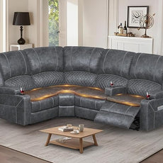 Manual Reclining Sectional Sofa Set, 4 Seats Soft Dutch Velvet Recliner Corner Sectional Couch, Family-Sized L-Shaped Recliner Couch with USB Charging, Thickened Padding, Sturdy Frame, Grey