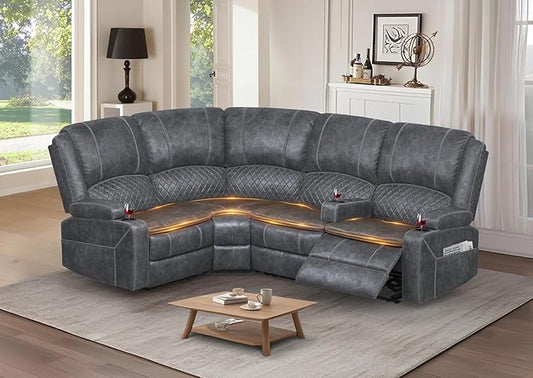 Manual Reclining Sectional Sofa Set, 4 Seats Soft Dutch Velvet Recliner Corner Sectional Couch, Family-Sized L-Shaped Recliner Couch with USB Charging, Thickened Padding, Sturdy Frame, Grey