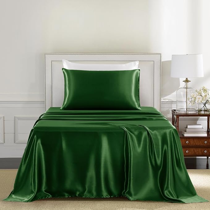 Satin Sheets Twin Size - 3 Pieces Luxury Silky Soft Bed Sheets for Kids, Wrinkle-Free Dark Green Satin Silk Sheet Set with 1 Deep Pocket Fitted Sheet, 1 Flat Sheet, 1 Pillow case