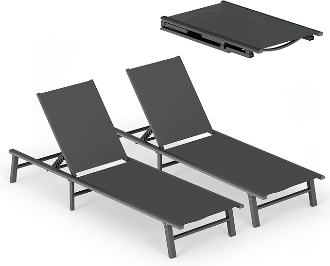 Ciokea Aluminum Outdoor Lounge Chair Set of 2- No Assembly Needed, Foldable Patio Chaise Lounge with 5 Adjustable Positions, Reinforced Frame for Extra Durability, Pool Beach Lounge Chair,Grey