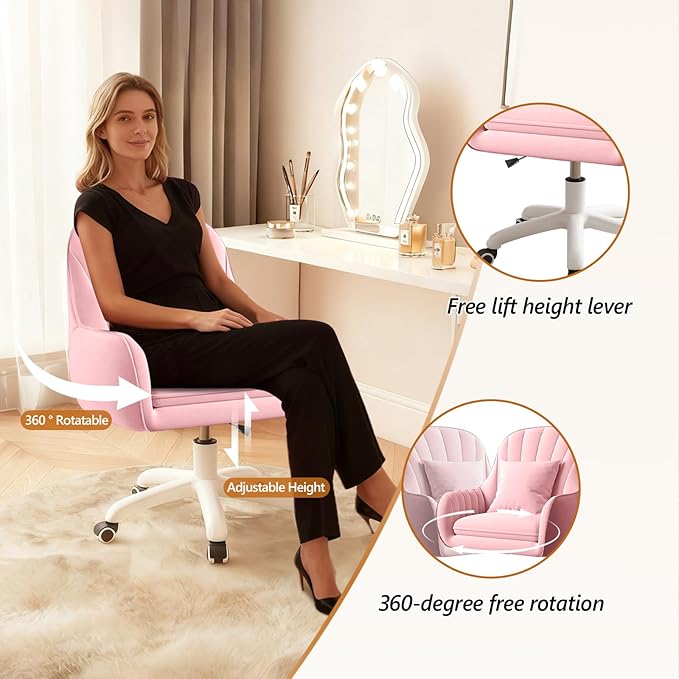 Cute Home Office Chair Velvet Upholstered Desk Chairs with Mid Back Swivel Adjustable Makeup Vanity Computer Chair with Wheels,Pink