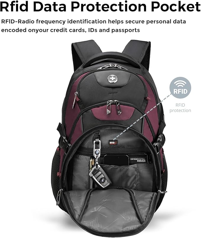 Swissdigital Design Laptop Backpack with USB Charging Port, Travel Backpack Fits 15.6 inches Computer, 31L College School Backpack for Women, Burgundy/Black | SD803-44