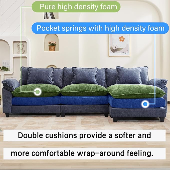 120" Modular Sectional Sofa, Comfy Cloud Couch Sectional Sofa with Ottoman, Chenille Sofa Sleeper Deep Seat Sofa with Throw Pillows for Living Room (Blue, 120"- L Shape)