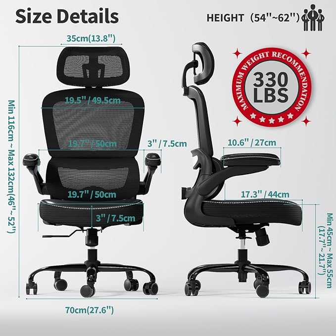 TRALT Ergonomic Office Chair - Desk Chair with Adjustable Headrest Lumbar Support Computer Chair - Mesh Comfy Chair with Flip-up Armrests - Gaming Chairs for Adults Home Office (Leather, Black)
