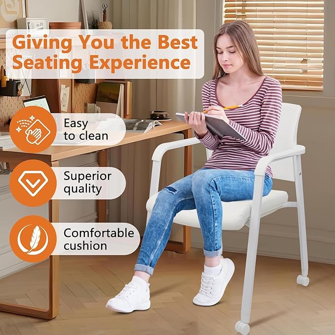 CLATINA Stacking Office Chairs with Wheels | Mesh Back, Thicken Leather Seat and Streamline Armrests, Ergonomic Lumber Support | School, Desk, Guest Reception, Waiting, Conference | Set of 8, White