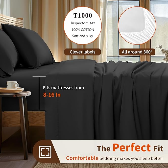 LBRO2M 1000 Thread Count 100% Cotton Sheets Set,California King Size Bed Sheet 4 Piece Sets,Long Staple,16 Inches Deep Pocket,All Season,Bedding Super Soft Comforterble Breathable,Sateen(Black)