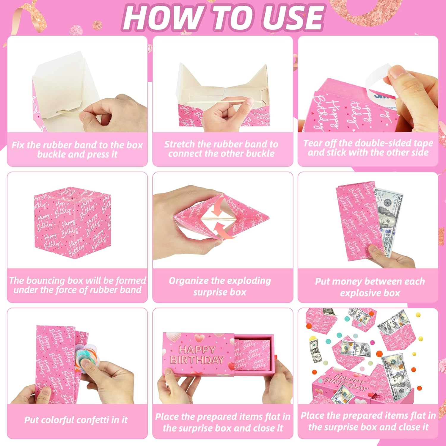 Happy Birthday Surprise Gift Box Explosion for Money - DIY Pop Out Folding Bounce Explosion Gift Box with Confetti - Birthday Money Bank - Cash Gift Idea for Women Men Kids (Pink)