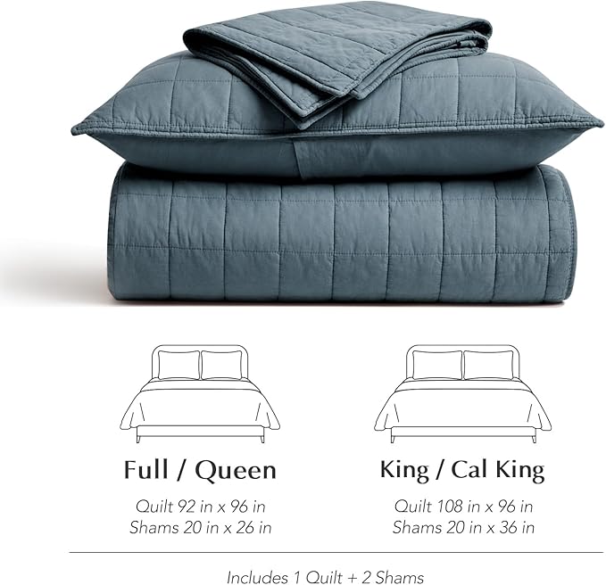 EVERGRACEHOME 100% Cotton Box Stitch Quilt Bedding Set Queen Size 3 Pieces, Garment-Washed Lightweight Soft Cozy Coverlet, Quilted Bedspread Sets with 2 Shams for All Season, Midnight Blue