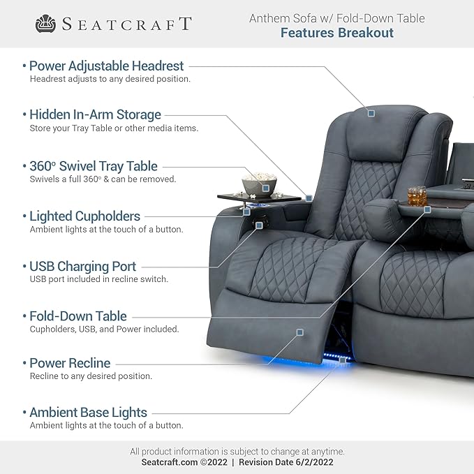 Seatcraft Anthem Italian Leather Sofa w/Fold-Down Table, Living Room, Power Headrest, Power Recline, Smokey Blue