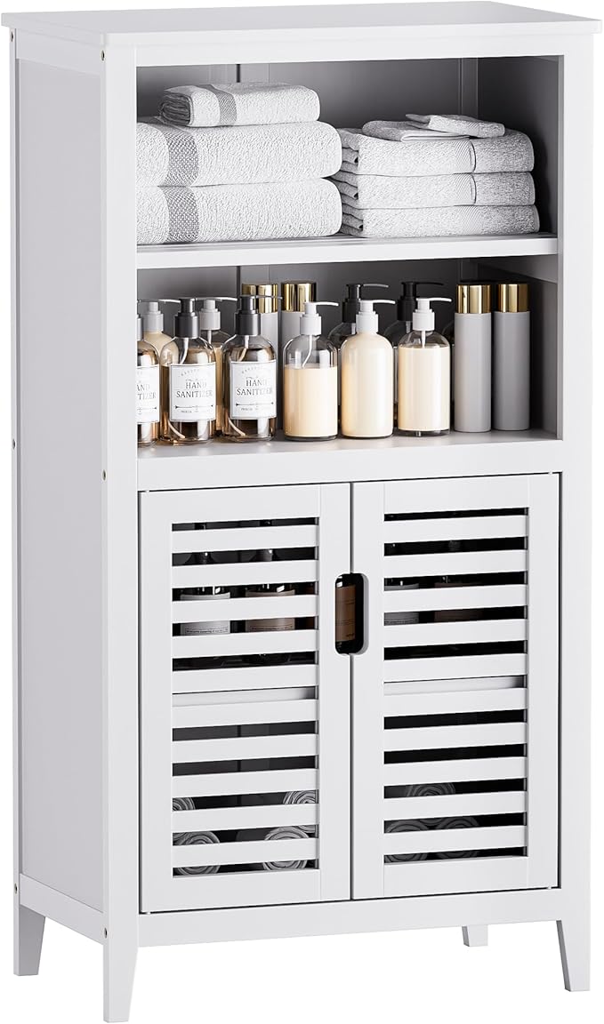 HITNET White Bathroom Cabinet, Bamboo Storage Cabinet Freestanding, Side Tall Storage Organizer for Kitchen Living Room Entryway