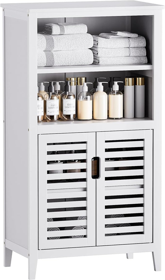 HITNET White Bathroom Cabinet, Bamboo Storage Cabinet Freestanding, Side Tall Storage Organizer for Kitchen Living Room Entryway