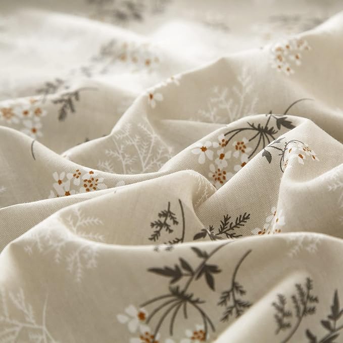 mixinni Boho Chic Printing Beige Duvet Cover Set Twin XL Vintage Green Floral Soft Cotton Bedding Comforter Cover with 1 Flower Duvet Cover 2 Pillowcases Perfect for Girls-(3pcs, Twin XL)