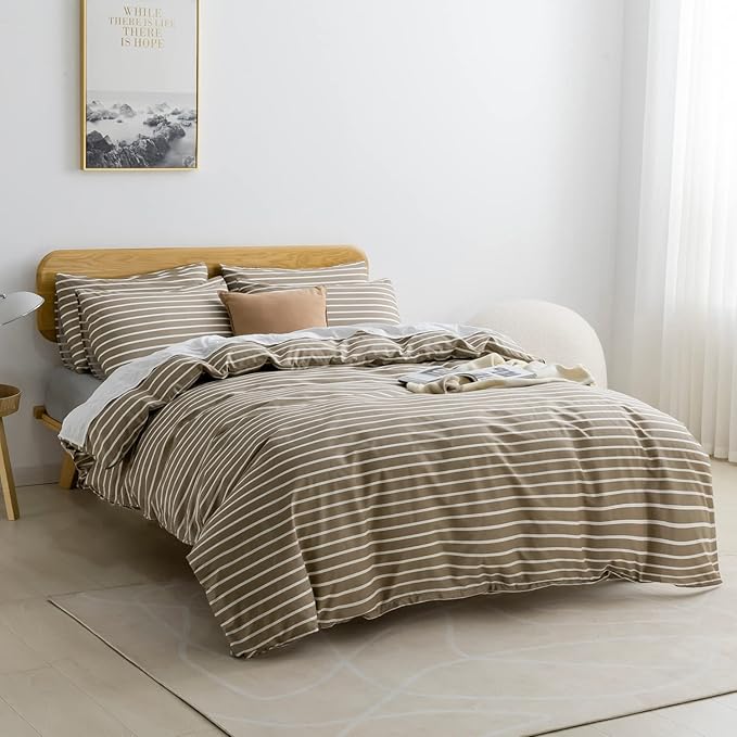 JELLYMONI Full Duvet Cover Set, Cotton Duvet Cover 3 Pieces with Zipper Closure, 1 Duvet Cover and 2 Pillowcases(Khaki with White Striped)