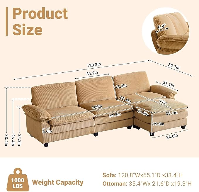 VINGLI 121" L Shape Sectional Couch, Convertible Sectional Couch for Living Room & Apartment,Modern 3-Seat Convertible Modular Sofa with 1 Ottoman，Corduroy,Khaki