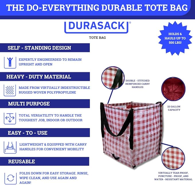 DURASACK Heavy Duty Storage Tote Bag 22-Gallon Rugged Woven Polypropylene Moving Bag, Reusable Self-Standing Design, Holds up to 500 Pounds, Pack of 4, Gingham Red