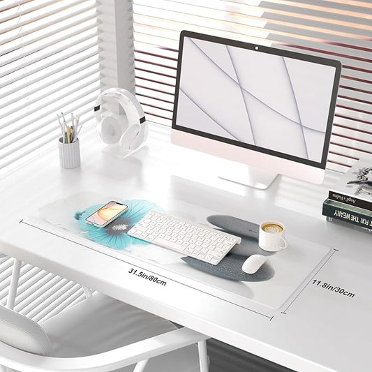 QIYI Desk Pad, Non-Slip PU Leather Desk Blotter Protector, Kids Floral Print Waterproof Computer Desk Mat, Thick Home & Office Large Keyboard Mouse Pad 31.5" x 11.8" - Pebbles & Blue White Flowers