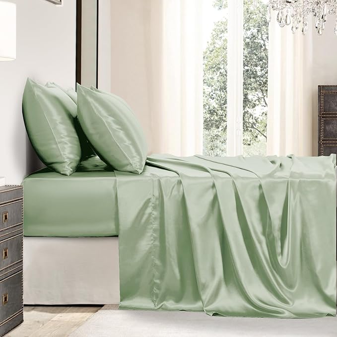 Satin Sheets Queen Size - 6 Pieces Luxury Silky Soft Bed Sheets, Wrinkle-Free Sage Green Satin Silk Sheet Set with 1 Deep Pocket Fitted Sheet, 1 Flat Sheet, 4 Pillow Cases
