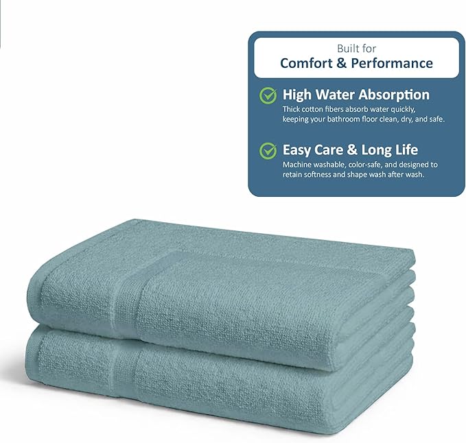 Rajlinen Cotton Bath Mat 2 Pack 23x36-100% Cotton 500 GSM Highly Absorbent Hotel Spa Bathroom Floor Mats, Aesthetic Nile Blue Bath Mat Towels, Machine Washable Shower/Bathtub Rugs
