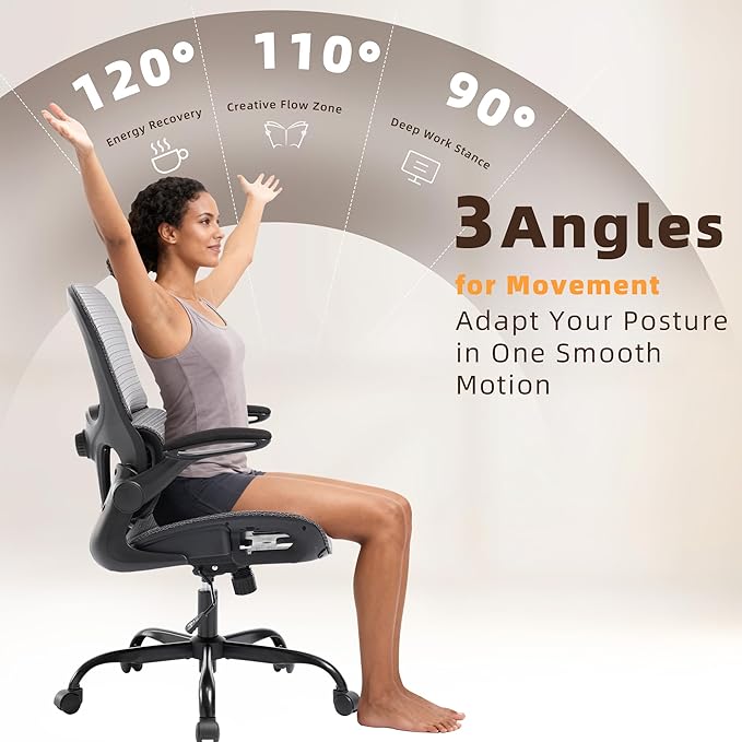 Office Chair, Ergonomic Desk Chair with Adjustable High Back 2D Lumbar Support Flip-up Armrests, Executive Breathable Mesh Comfy Swivel Rolling Computer Task Chair for Home Office Study Work Gaming