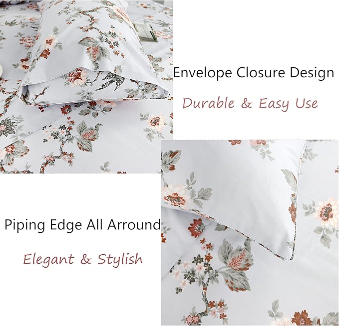 FADFAY Elegant Floral Bed Sheet Set Queen Size, 100% Cotton Ultra Soft with Deep Pocket Fitted Sheet, 4Pcs, Vintage Farmhouse Bedding Shabby Grey Bird Print Flower Pattern
