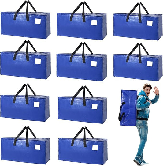 10 Pack Moving Bags Heavy Duty Extra Large Storage Bags with Zippers, Handles, Backpack Straps Packing Bag for Moving College Dorm Room Essentials, Camping, Travel, Clothes 93 L 25 Gallons(Blue)
