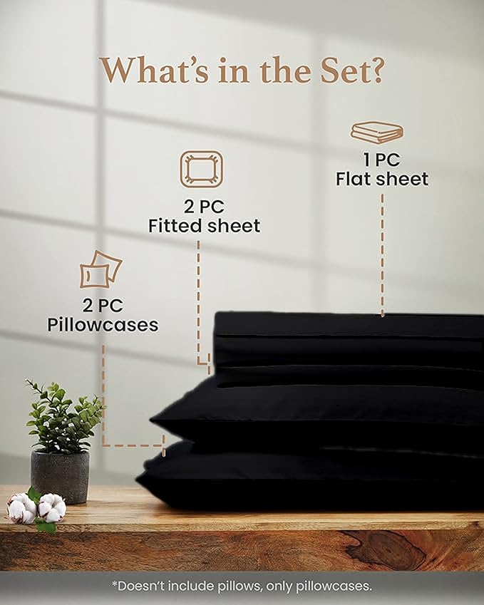Good Sleep Bedding Split King Sheets Sets for Adjustable Bed Cotton, Luxury Sheets, Egyptian Cotton Sheets, 5 Piece 100% Cotton Split King Sheet Set, Sateen Sheetts, 2 Fitted - 16" Deep Pocket, Black GoodSleepBedding
