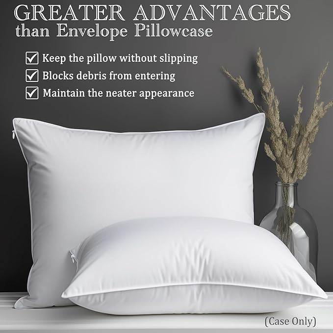 Pillow Protectors with Zipper Standard Size-100% Cotton Pillowcases for Hair and Skin, Comfort Soft Pillow Case Protector for Easy Care, White Pillow Cases Covers with Hidden Zipper, 1 Pack/20X26