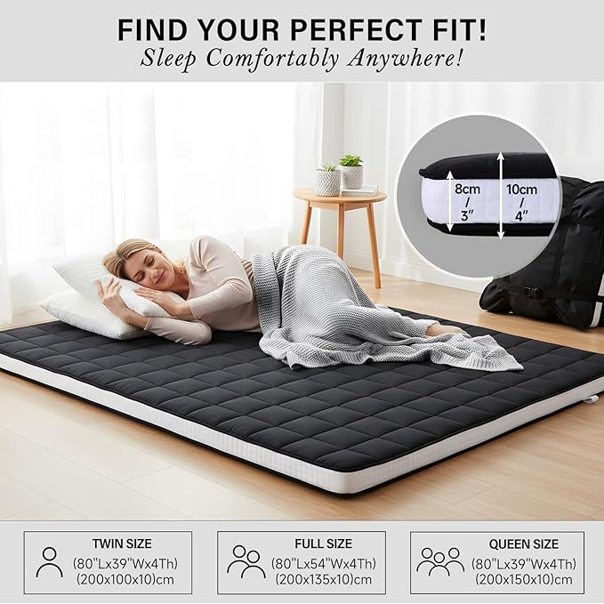 Tiita Japanese Floor Mattress, 4” Thicken Futon Mattress with Storage Bag and 2 Straps，Queen Size Sleeping Tatami Mat for Adults，Black