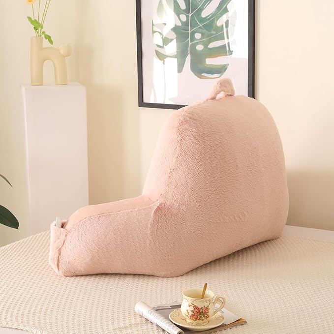 Reading Pillow for Sitting in Bed, Large Backrest Reading Pillow with Arm Rest,Back-Rest Support Cushion for Sit Up on Couch, Sofa, and Floor, Dorm Essentials (Shell Pink Faux Fur, Large(19"))