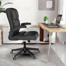 Ergonomic Home Office Chair with Space Saving Flip-Up Arms, 360° Swivel & Reclining Back, High-Back Executive Chair in Soft Faux Leather Chair Multi-Angle from 90° to 135° with 450LBS Capacity（Black）
