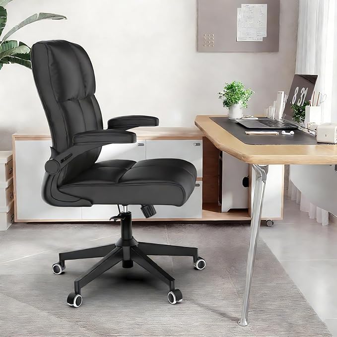 Ergonomic Home Office Chair with Space Saving Flip-Up Arms, 360° Swivel & Reclining Back, High-Back Executive Chair in Soft Faux Leather Chair Multi-Angle from 90° to 135° with 450LBS Capacity（Black）