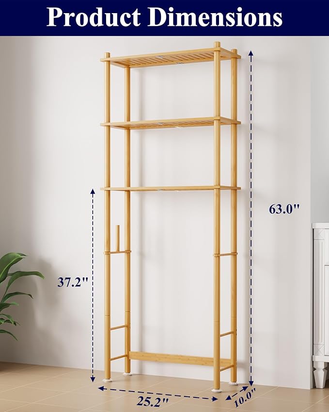 Kitsure Over The Toilet Shelf - 3-Tier Bamboo Bathroom Organizers and Storage with Paper Holder, Over Toilet Bathroom Organizer with Wall Anchor for Balcony, Laundry, Natural, 3 Tiers (63" H)