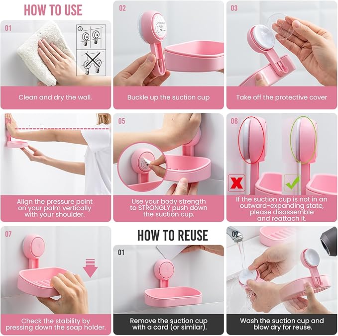 TAILI Soap Dish Bar Holder Suction Cup,SoapSaver with Powerful Vacuum Suction,Sponge Holder for Shower,Bathroom,Tub andKitchen Sink,Universal Shower Accessories,Drill-Free,Removable,2 Pack,Pink