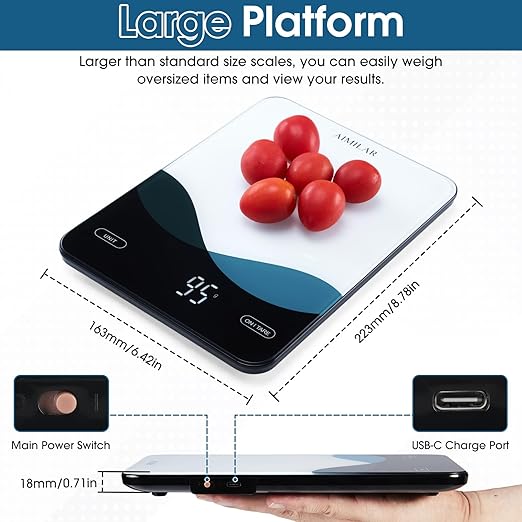 AIMILAR Smart Kitchen Scale - 10kg/22lb Rechargeable Food Scale with Nutritional Calculator, Calorie Counting, Tare Function, USB-C Charging, in g/lb:oz/oz/ml, LED Display, Tempered Glass