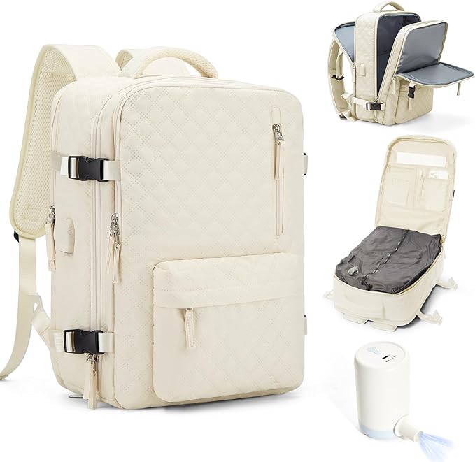 suwasp Vacuum Backpack Travel with Pump, Travel Backpack for Women Men, Vacuum Compression Bags with Laptop Compartment/Shoe Compartment, Personal Item Carry On Backpacks Flight Approved, Beige