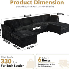 Large 6 Seat Modular Sectional Sofa with Ottoman Seat Corduroy Sleeper Sectional Sofa Bed Oversized Convertible Modular Couch for Living Room