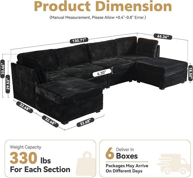 Large 6 Seat Modular Sectional Sofa with Ottoman Seat Corduroy Sleeper Sectional Sofa Bed Oversized Convertible Modular Couch for Living Room