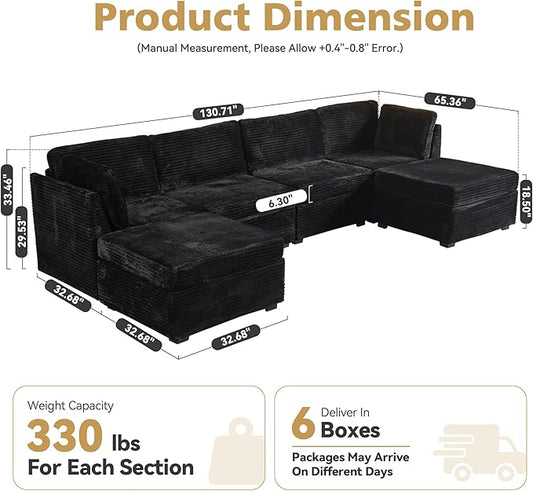 Large 6 Seat Modular Sectional Sofa with Ottoman Seat Corduroy Sleeper Sectional Sofa Bed Oversized Convertible Modular Couch for Living Room