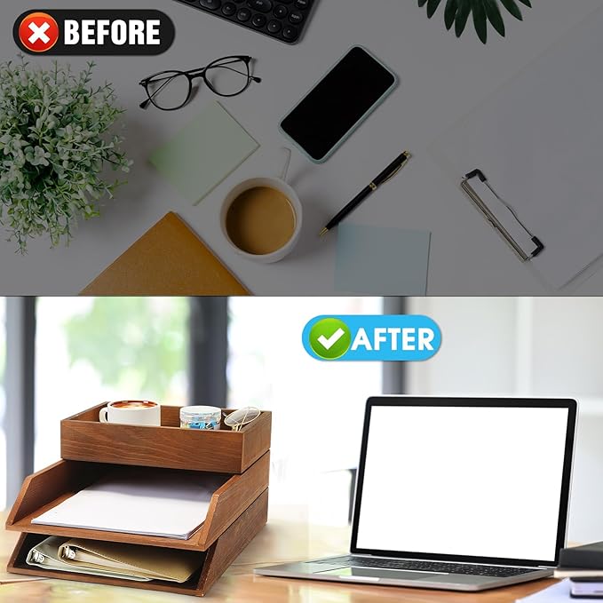 3 Pcs Wooden Letter Trays, Wood Letter-Size Desk Organizer, Heavy Duty 3 Tier Stackable Support Paper Tray Tabletop Inbox Drawer Desktop Organizer for File Folder Magazine Office(Brown)