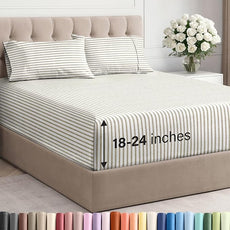 Extra Deep Pocket Queen Sheet Set - 4 Piece Breathable & Cooling Bed Sheets - Hotel Luxury Sheet Set - Soft, Wrinkle Free and Comfy - Fits Extra Deep Mattresses - Deep Pocket Beige Stripes 2 Sheets