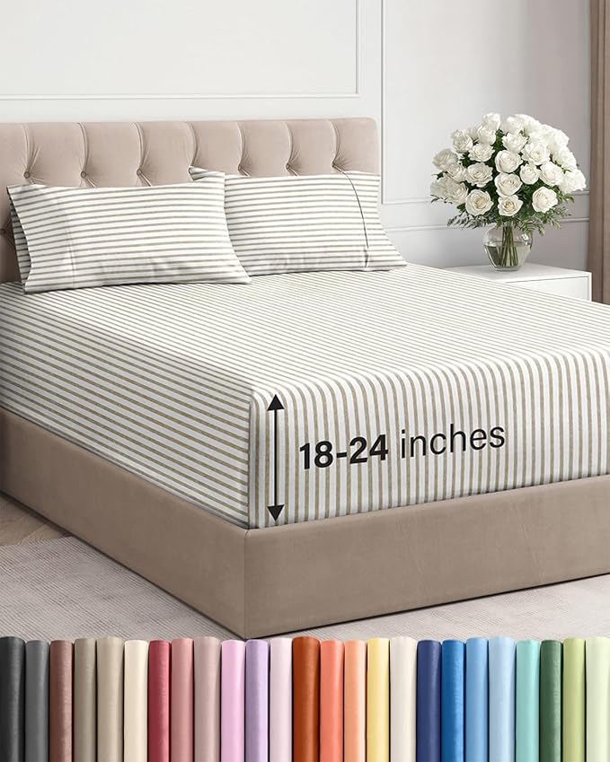 Extra Deep Pocket Queen Sheet Set - 4 Piece Breathable & Cooling Bed Sheets - Hotel Luxury Sheet Set - Soft, Wrinkle Free and Comfy - Fits Extra Deep Mattresses - Deep Pocket Beige Stripes 2 Sheets