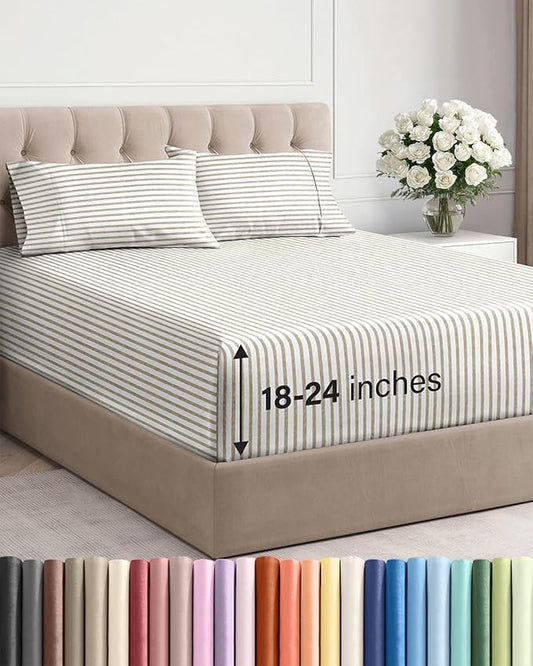 Extra Deep Pocket Cal King Sheets - 4 Piece Breathable & Cooling Bed Sheets - Hotel Luxury Bed Sheet Set - Soft, Wrinkle Free & Comfy - Easily Fits Extra Deep Mattresses - Beige Striped Sheets Set