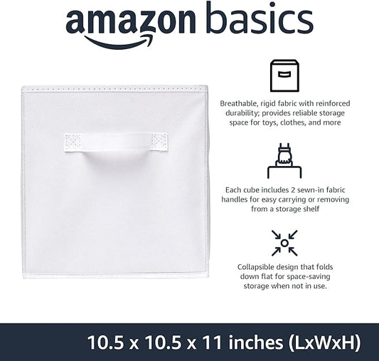 Amazon Basics Collapsible Fabric Storage Cubes Organizer with Handles, Sturdy, White, 10.5-x-10.5-x-11-inch, Pack of 6