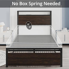 LIKIMIO Twin XL Bed Frames with Drawer, Storage Headboard with Outlets, No Box Spring Needed, Easy Assembly, Dark Brown