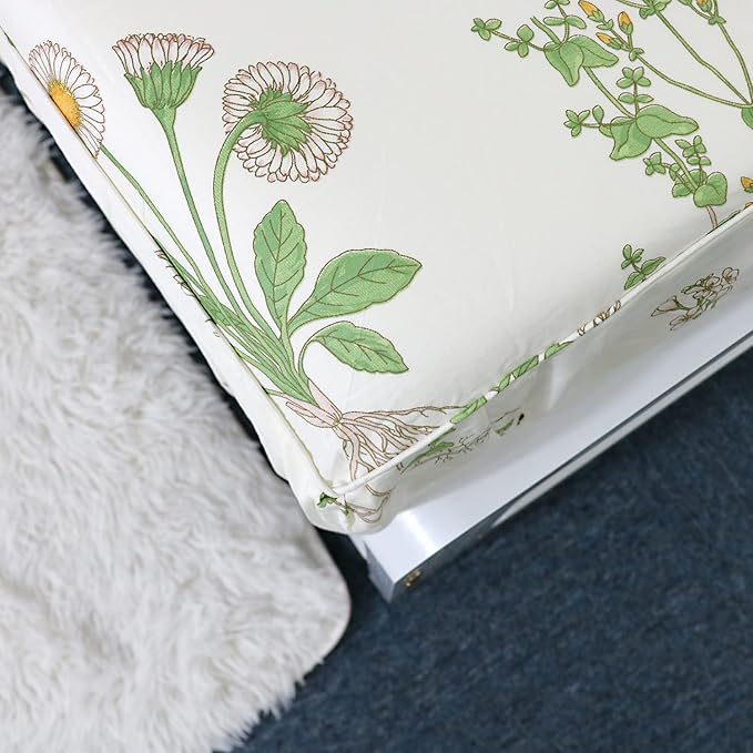 FADFAY Twin Bed Set Girls Bedding Farmhouse Bedding 100% Cotton Floral Bed Sheets Deep Pocket Flower Fitted Sheet Set Cozy House Sheets for All-Season (4Pcs, White, Twin Size)