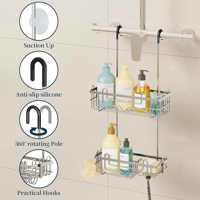 Consumest Over the Door Shower Caddy - 2-Tier Hanging Shower Organizer with Soap Holder, Rustproof Bathroom Storage and Organizer Rack for Shampoo, Towels, and Toiletries, Sand Nickel