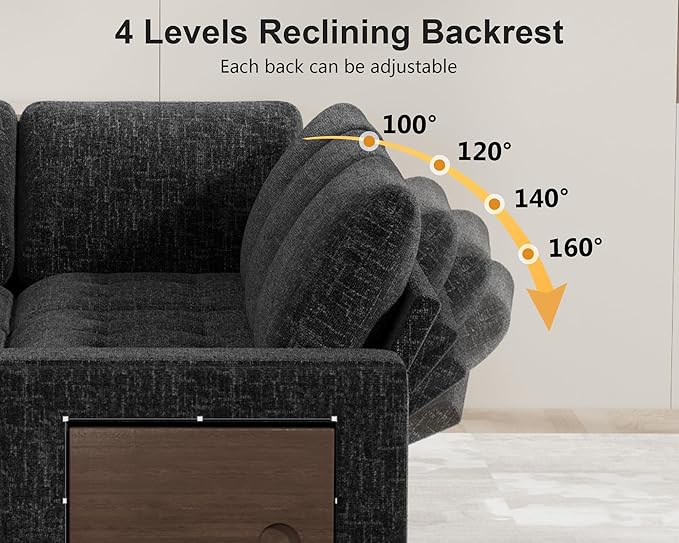 WEUP 8 Seat U Shaped Sectional Sleeper Sofa Bed with Pull Out Bed, Chenille Sectional Sleeper Couch with Adjustable Backrest, USB Ports, LED, Side Table, Tool-Free Assembly, Chenille Black
